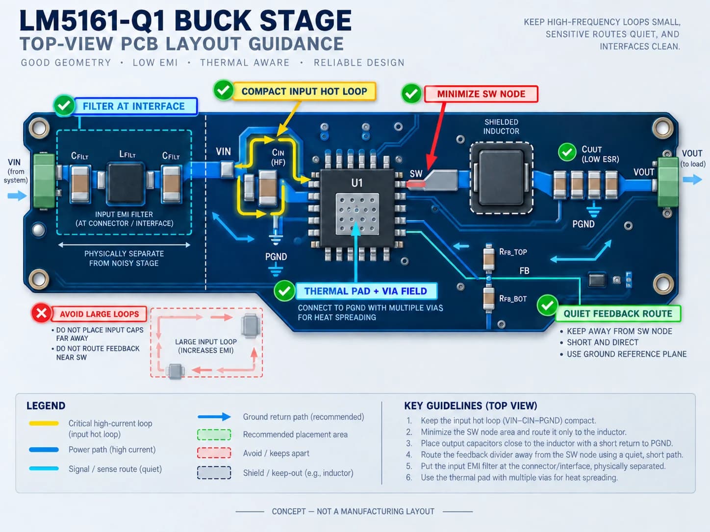 Conceptual LM5161-Q1 PCB layout showing a compact input hot loop, small switch node, quiet feedback route and exposed-pad heat path.